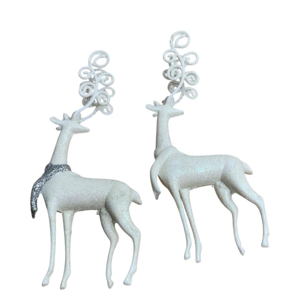 Vtg White Glittered Reindeer Christmas Ornaments w Swirl Antlers Scarf Set of 2